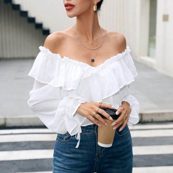 . Tops - White Boho Womens Off Shoulder Ruffle Trim Flounce Sleeve Blouse